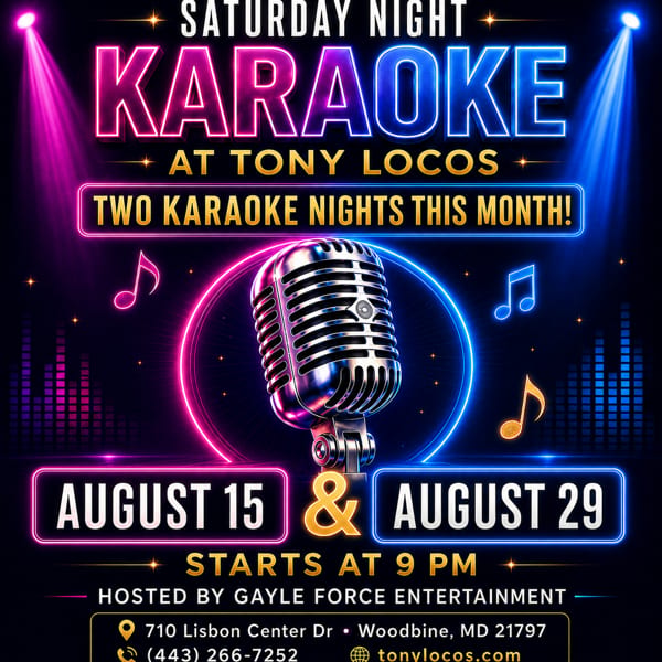 Saturday Night Karaoke flyer for Tony Locos with a glowing microphone, musical notes, and event information.