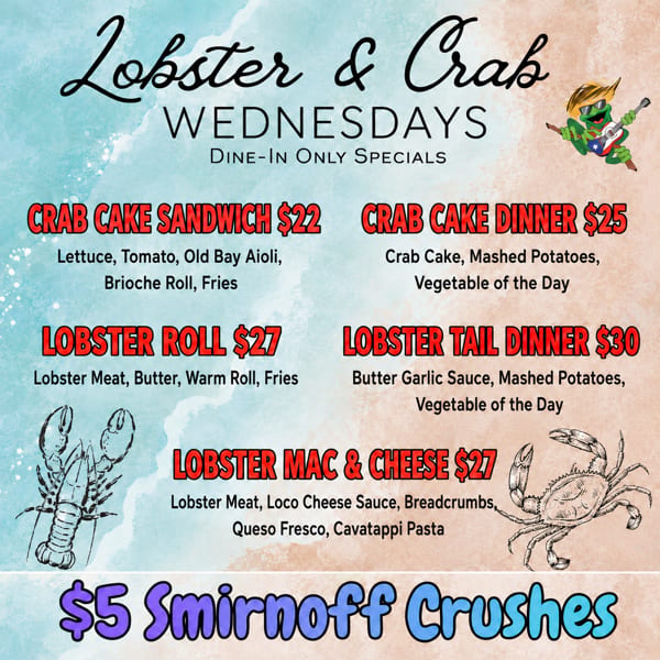 A menu advertising Lobster & Crab Wednesdays specials with various seafood dishes and drink offers.