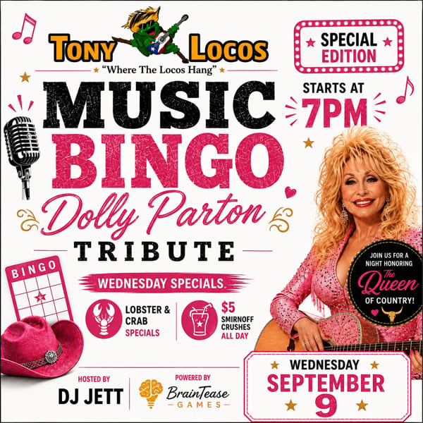 Tony Locos poster advertising a Dolly Parton tribute music bingo event Wednesday, September 9, with DJ Jett and specials.