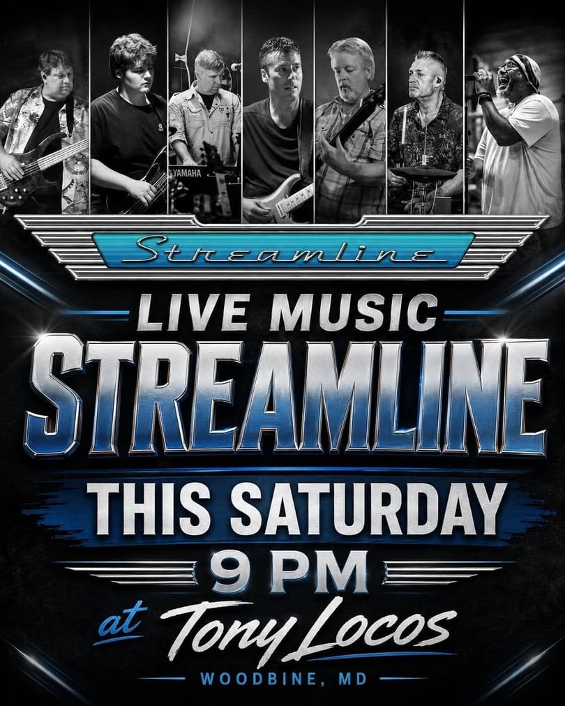 Promotional poster for "Streamline" live music at Tony Locos, featuring band members and event details.