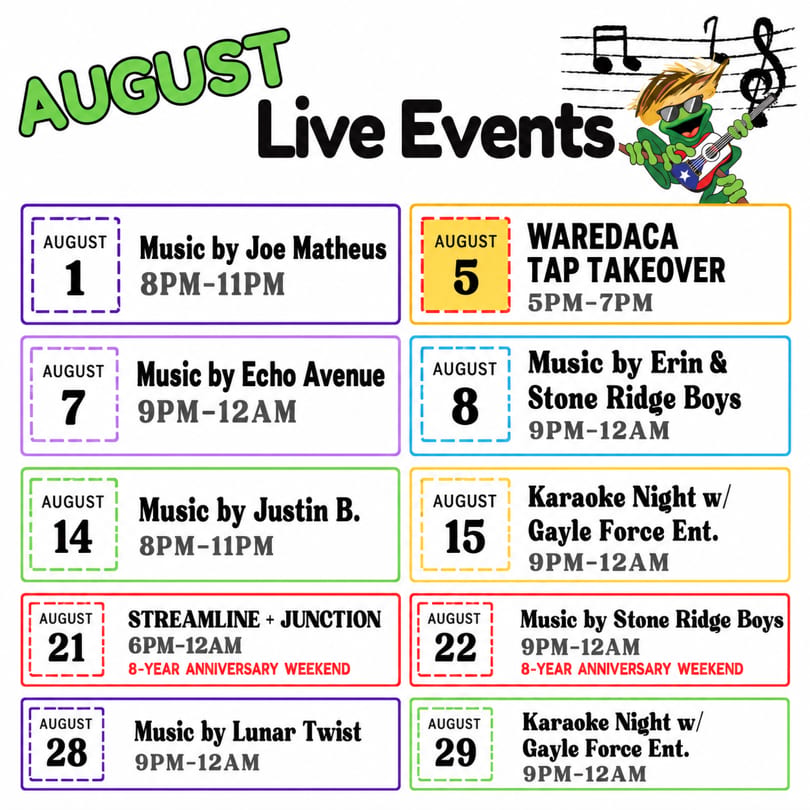 August live events schedule with dates, musical acts, karaoke nights, and a tap takeover.