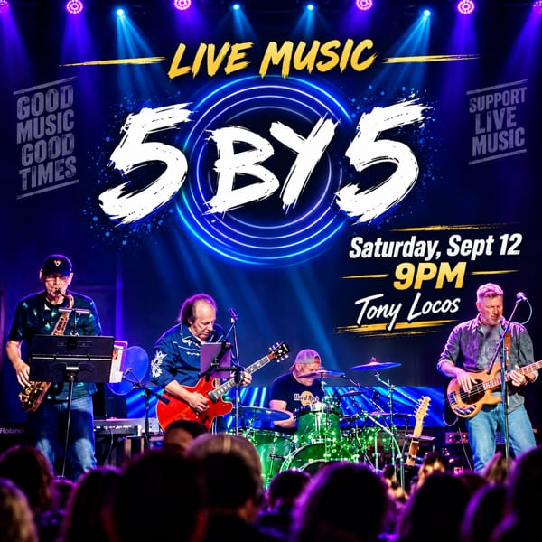 Promotional poster for Tony Locos featuring a four-member band performing live under blue and purple stage lights.