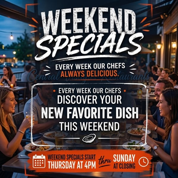 Patrons enjoying dinner and drinks on a restaurant patio at dusk, with "Weekend Specials" overlay.
