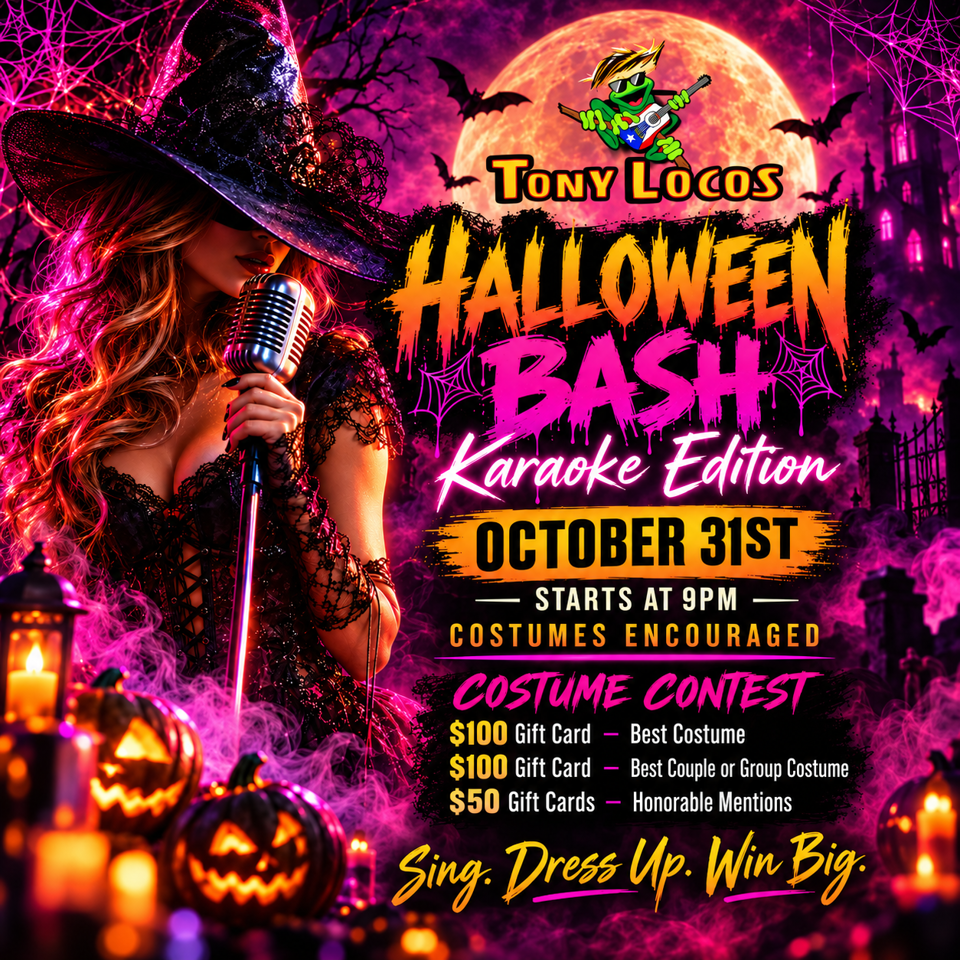 Tony Locos Halloween Bash karaoke poster featuring a costumed singer, pumpkins, bats, full moon, and October 31st costume contest details.