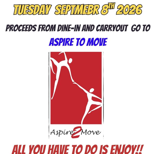 A flyer for Tony Locos' "Gives Back" event on September 8th, 2026, benefiting Aspire to Move.