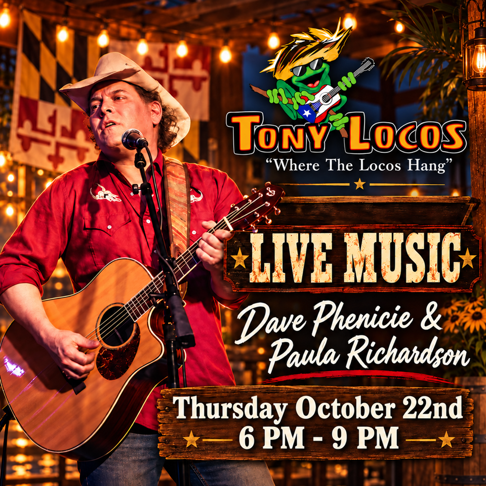 Guitarist in a cowboy hat performs beneath warm lights beside Tony Locos live music event signage.