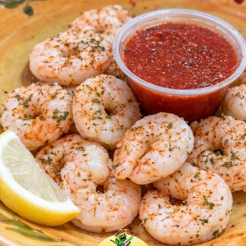 Tony Locos' seasoned shrimp with a lemon wedge and a side of red dipping sauce.