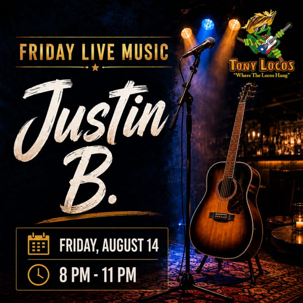 Acoustic guitar and microphone on stage with spotlights, advertising live music by Justin B. at Tony Locos.