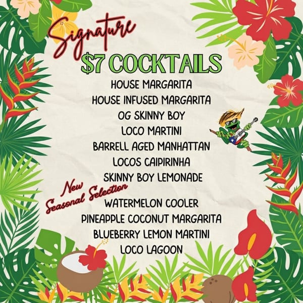 A menu of signature $7 cocktails and new seasonal selections, surrounded by tropical leaves and flowers.
