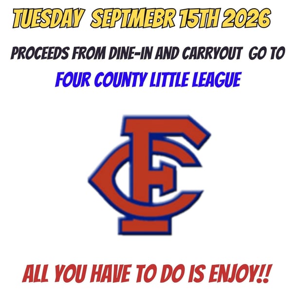 Flyer for Tony Locos restaurant fundraiser for Four County Little League on September 15, 2026.