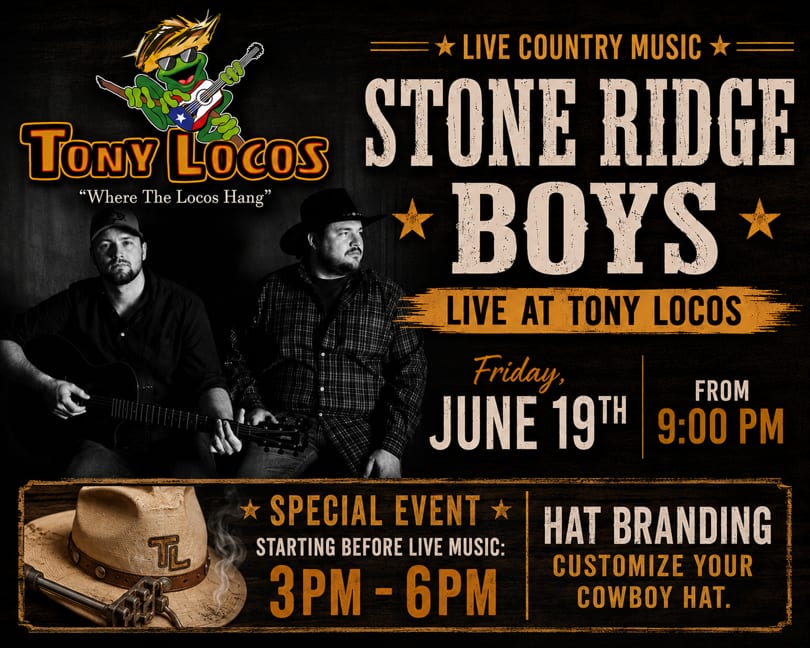 Concert flyer for Stone Ridge Boys live at Tony Locos, featuring two musicians and event details.