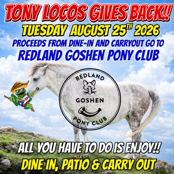A white horse with a Redland Goshen Pony Club logo, and a frog mascot, promoting a fundraiser.