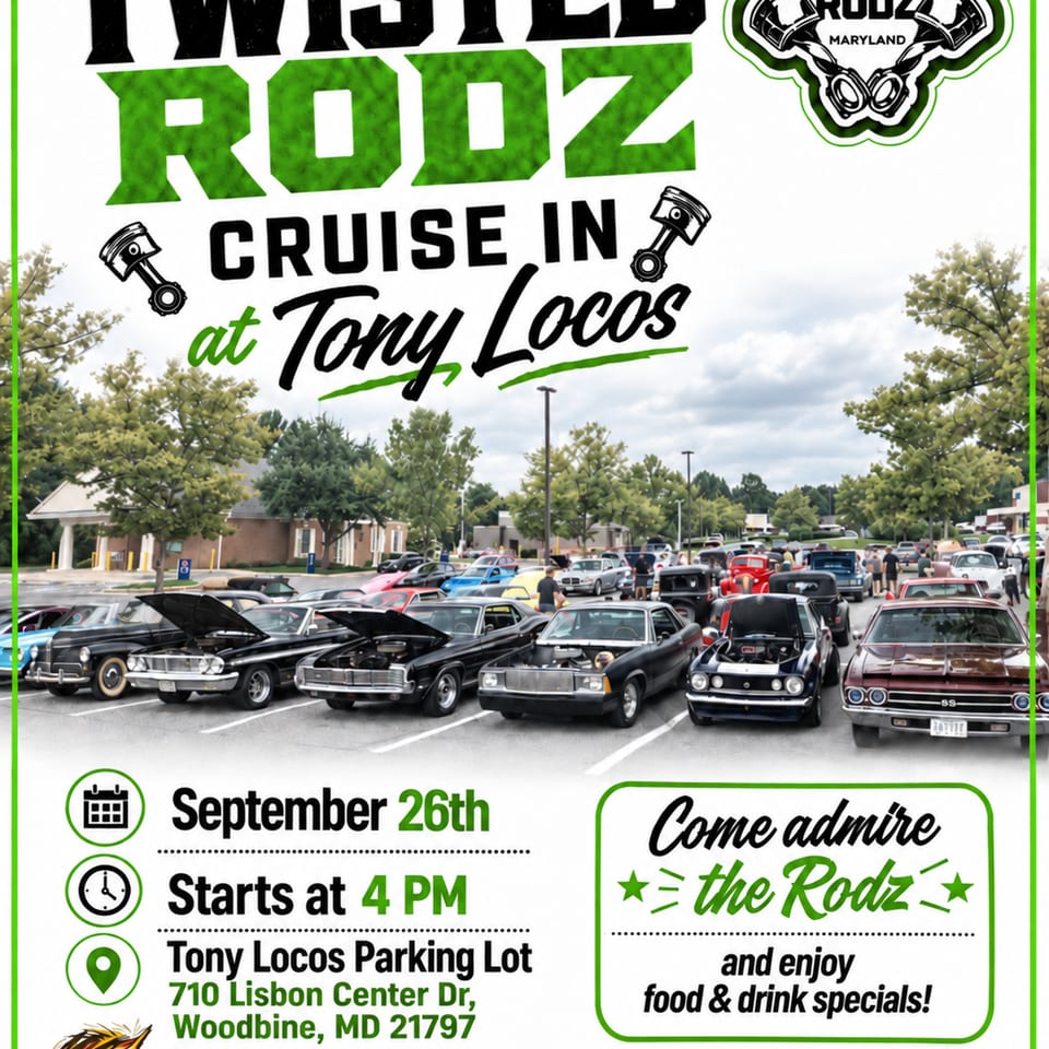 Twisted Rodz Maryland poster advertising a car cruise at Tony Locos on September 26th, with vintage cars and event details.