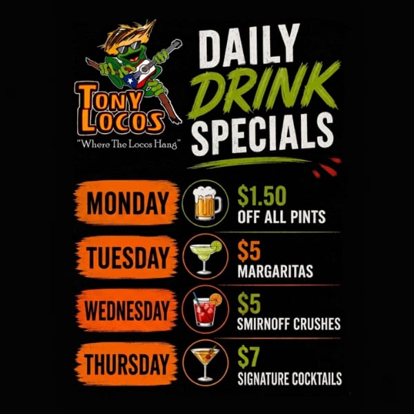 Tony Locos daily drink specials menu with a frog mascot playing guitar.
