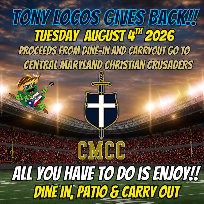 Tony Locos Gives Back event poster with a frog playing guitar and a shield logo in a stadium.