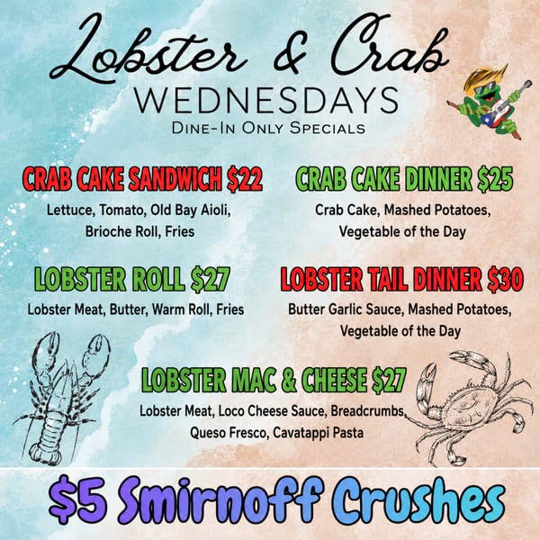 A menu for "Lobster & Crab Wednesdays" with specials like Crab Cake Sandwich, Lobster Roll, and Lobster Mac & Cheese.