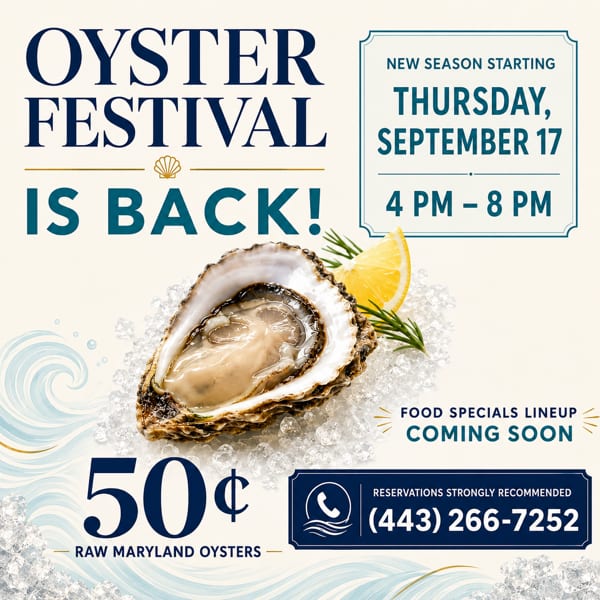 Oyster Festival promotional graphic featuring a raw oyster on ice, lemon wedge, and event details for September 17 from 4–8 PM.