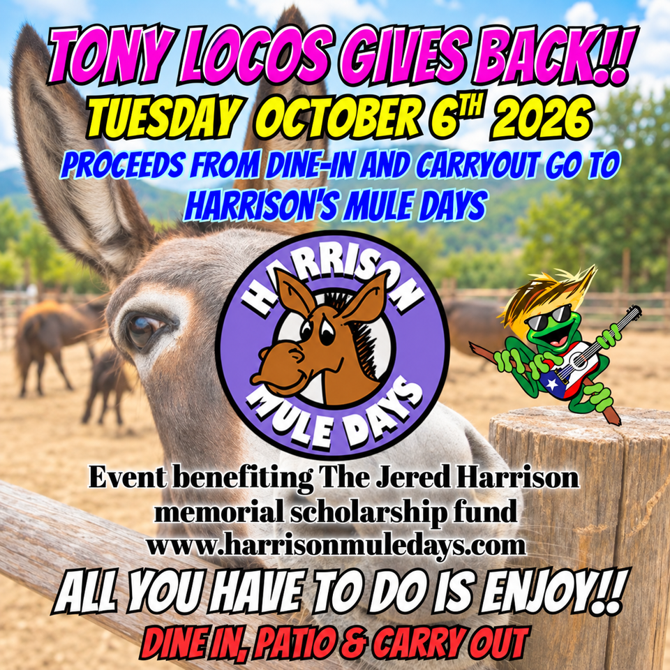 Promotional poster announces Tony Locos’ October 6, 2026 fundraiser benefiting Harrison’s Mule Days, featuring a mule and guitar-playing mascot.