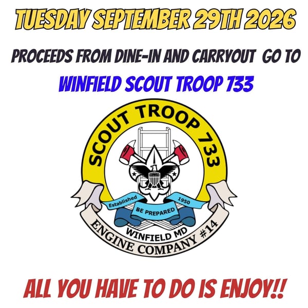 Tony Locos restaurant fundraiser flyer for Winfield Scout Troop 733 on September 29, 2026.