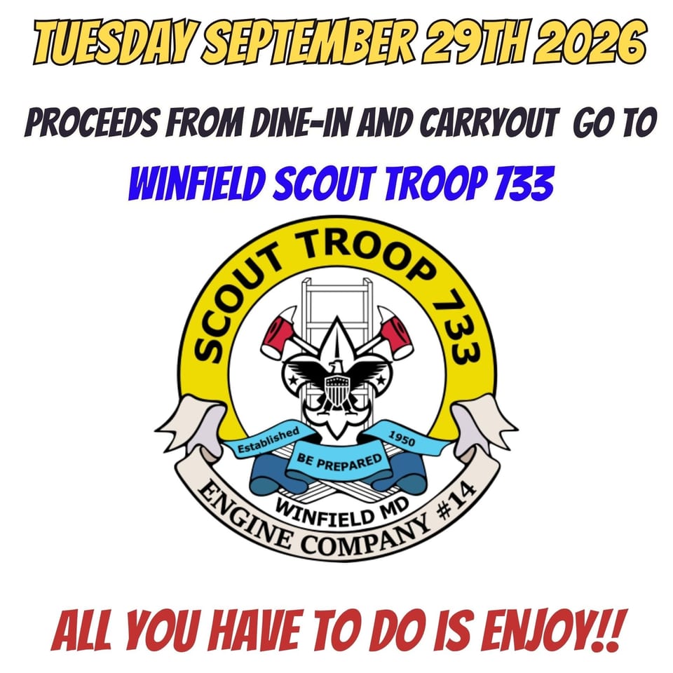 Tony Locos restaurant fundraiser flyer for Winfield Scout Troop 733 on September 29, 2026.