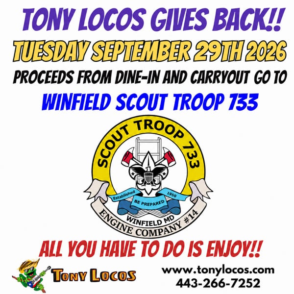 Promotional flyer for Tony Locos' fundraiser for Winfield Scout Troop 733 on September 29, 2026.