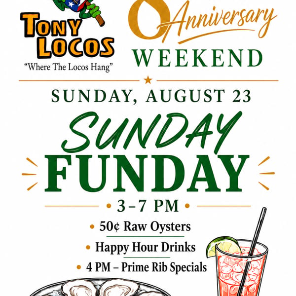 Tony Locos 8-Year Anniversary Sunday Funday flyer with frog logo, raw oysters, and a cocktail.