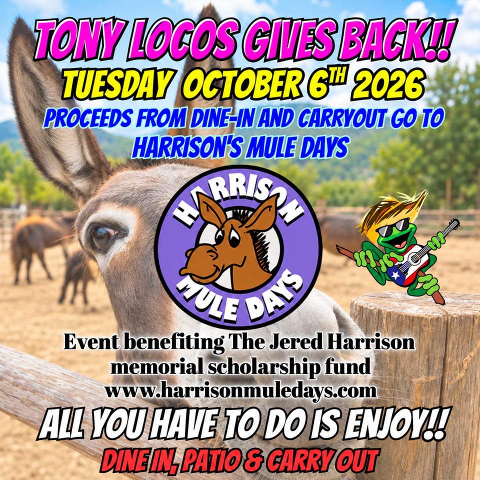 Promotional poster featuring a donkey, Harrison Mule Days logo, guitar-playing mascot, and event details for October 6, 2026.