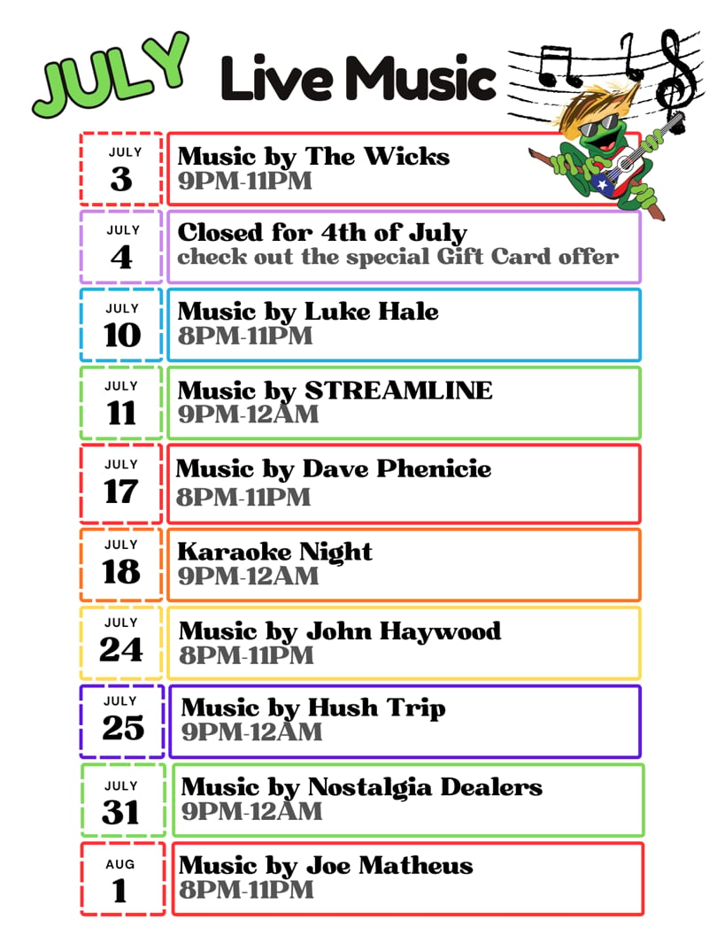 A July and August live music schedule with a cartoon frog playing guitar.