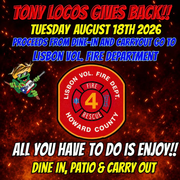 Tony Locos Gives Back event flyer with a frog playing guitar and Lisbon Vol. Fire Dept. logo.