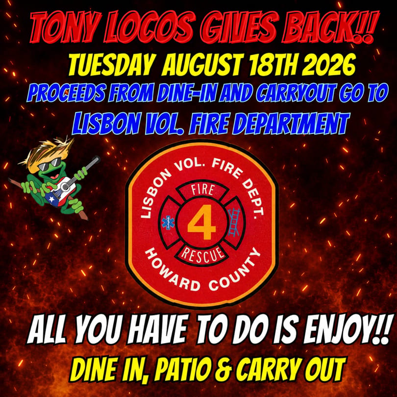 Tony Locos Gives Back event flyer with a frog playing guitar and Lisbon Vol. Fire Dept. logo.