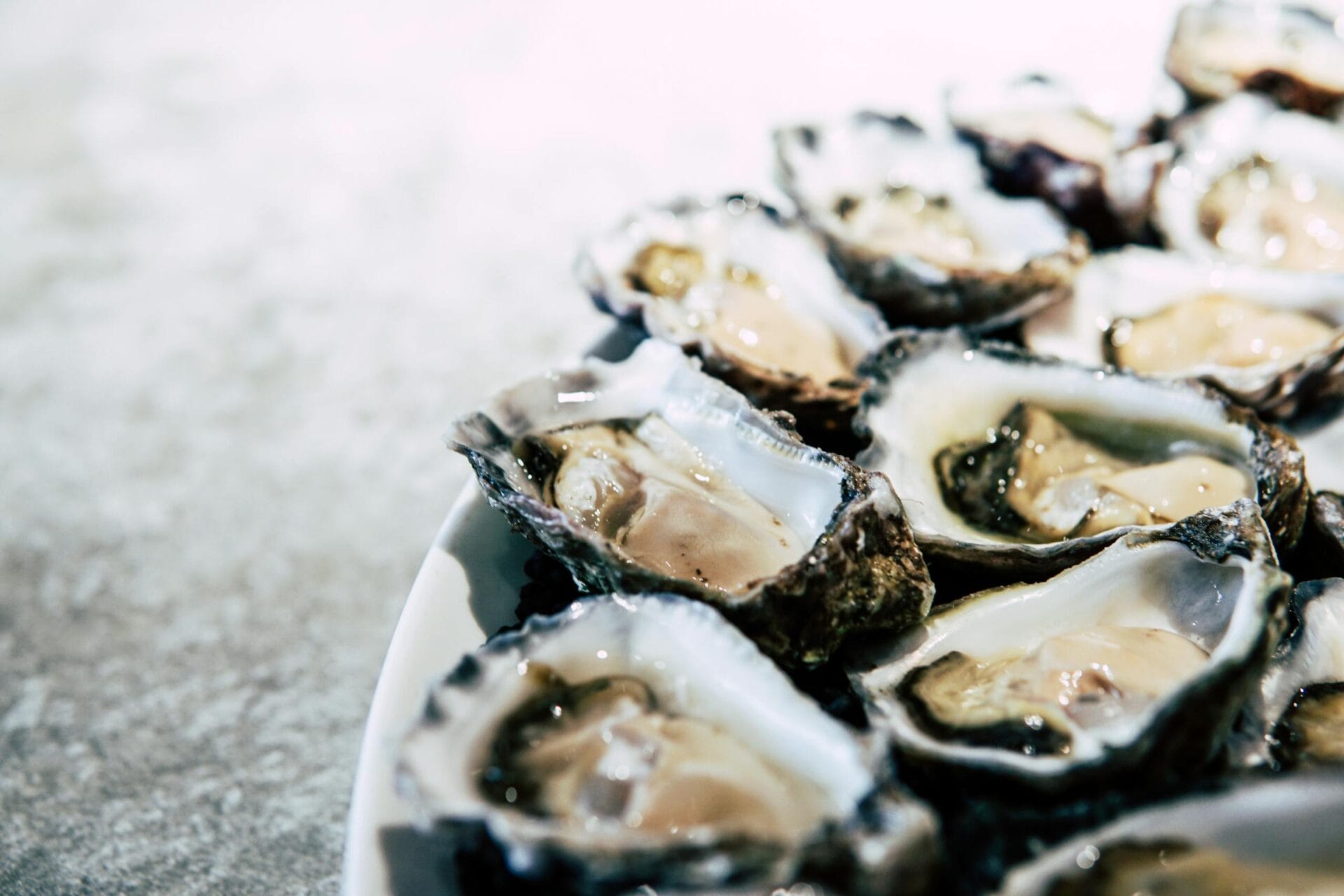 A close-up of fresh raw oysters on a plate, showcasing their delicious and healthy appeal.